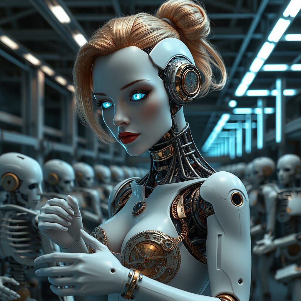 Cyberpunk Robot Woman Tinkers with Clockwork Parts in a Futu...