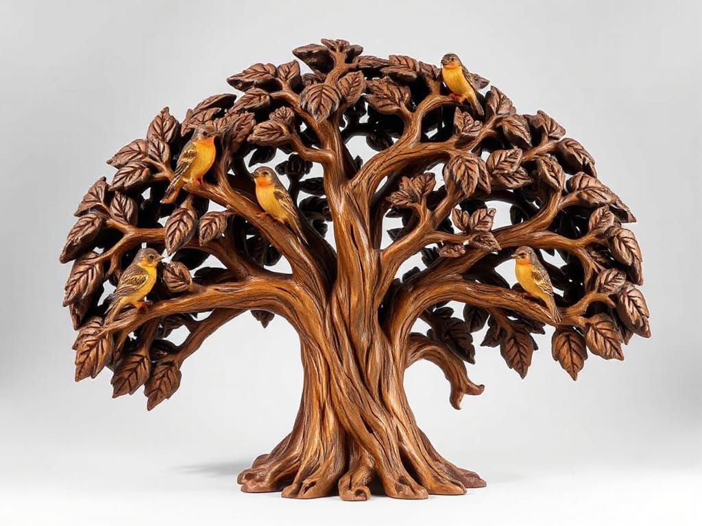 Hand-Carved Wooden Tree Sculpture with Birds