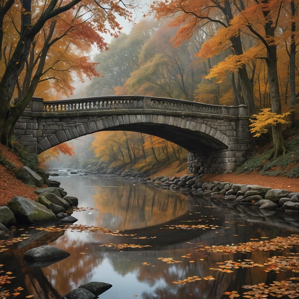 Autumnal Bridge Over River in Detailed Matte Painting
