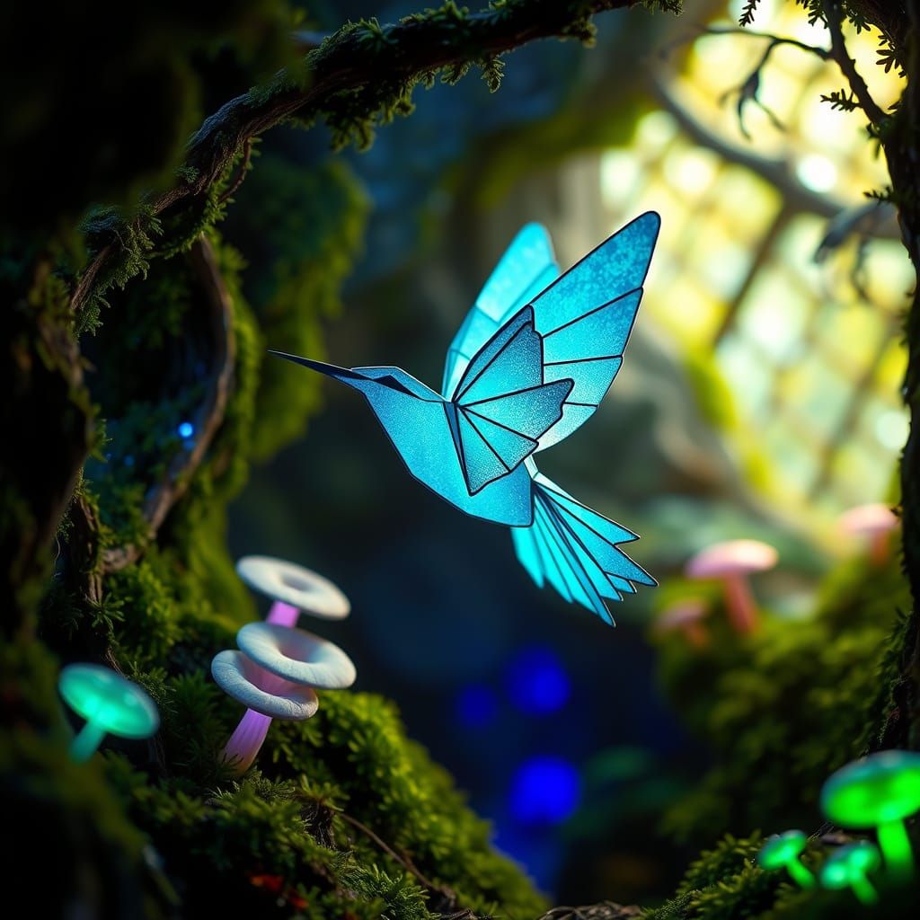 Bioluminescent Origami Hummingbird in Ethereal Grotto