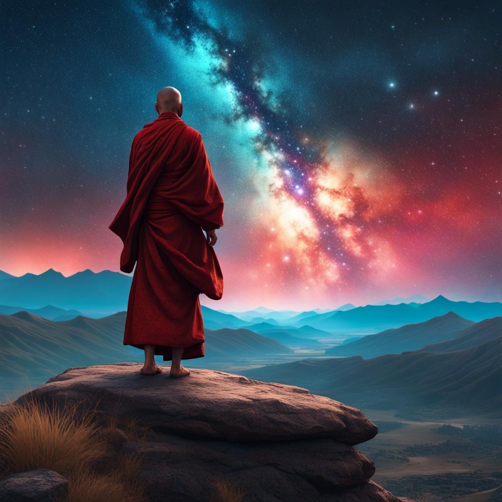 Tibetan monk standing on a hill