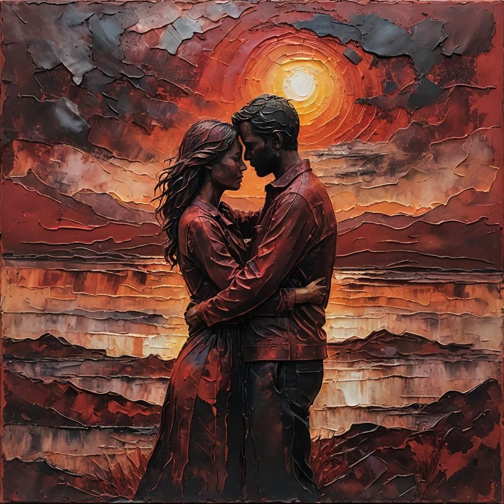 Encaustic Painting of Embracing Couple at Sunset
