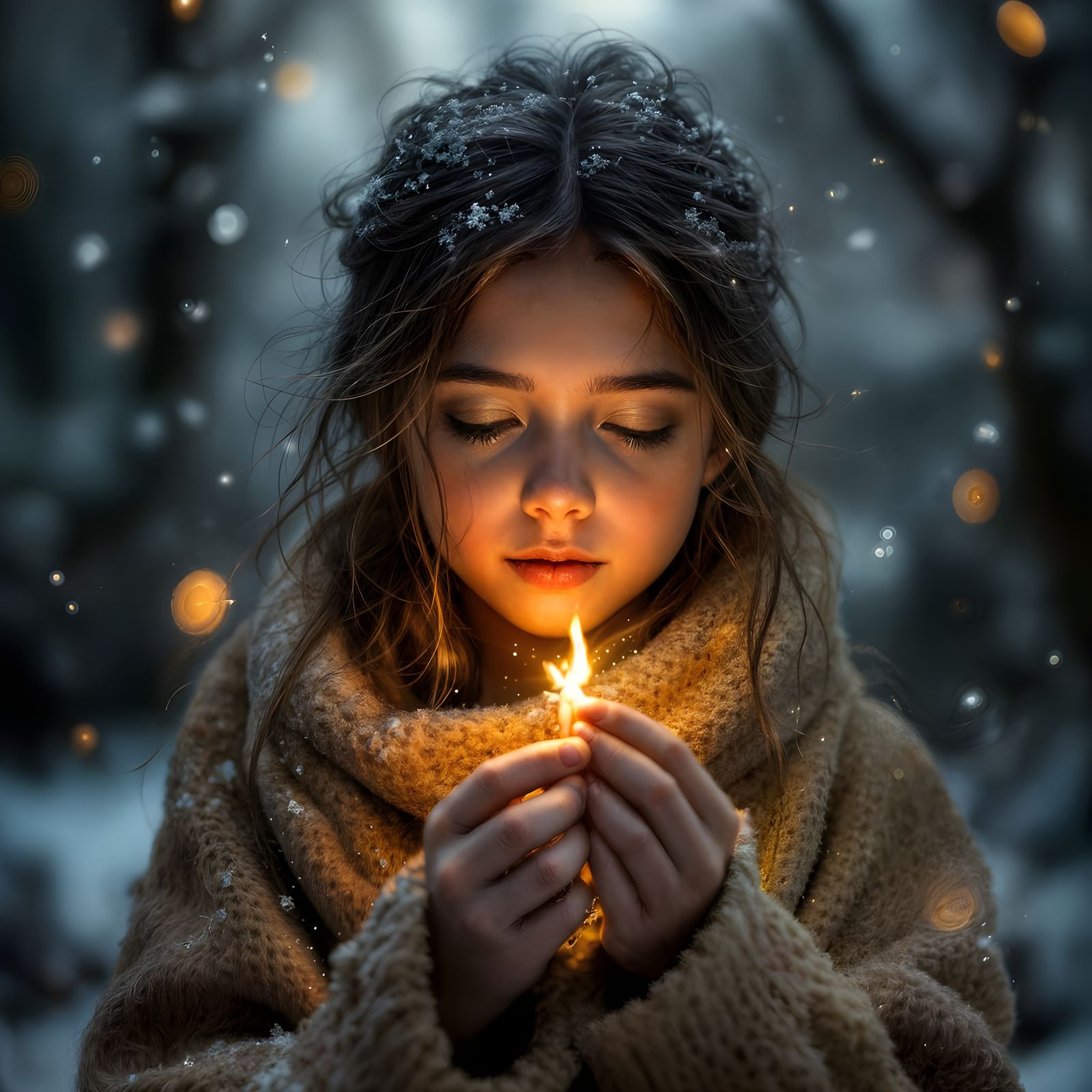 Little Match Girl in Snowy Landscape: Photorealistic Digital...