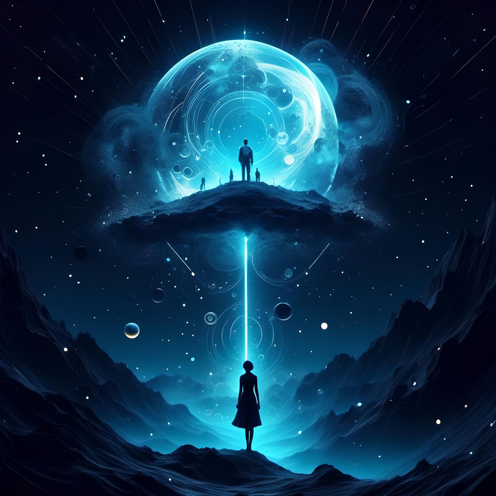 Woman Silhouette Under Starry Night in Double Exposure