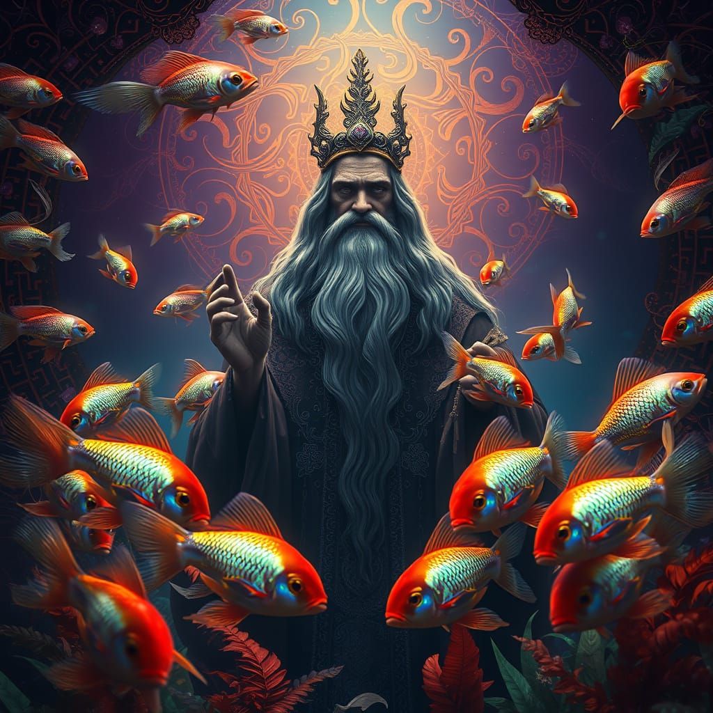 Wise Mentor Surrounded by Iridescent Rove Goldfish in Dreaml...