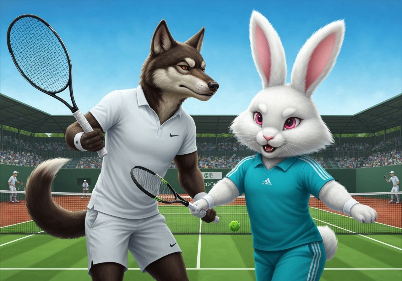 Wolf and Bunny Play Tennis: Photorealistic Oil Painting