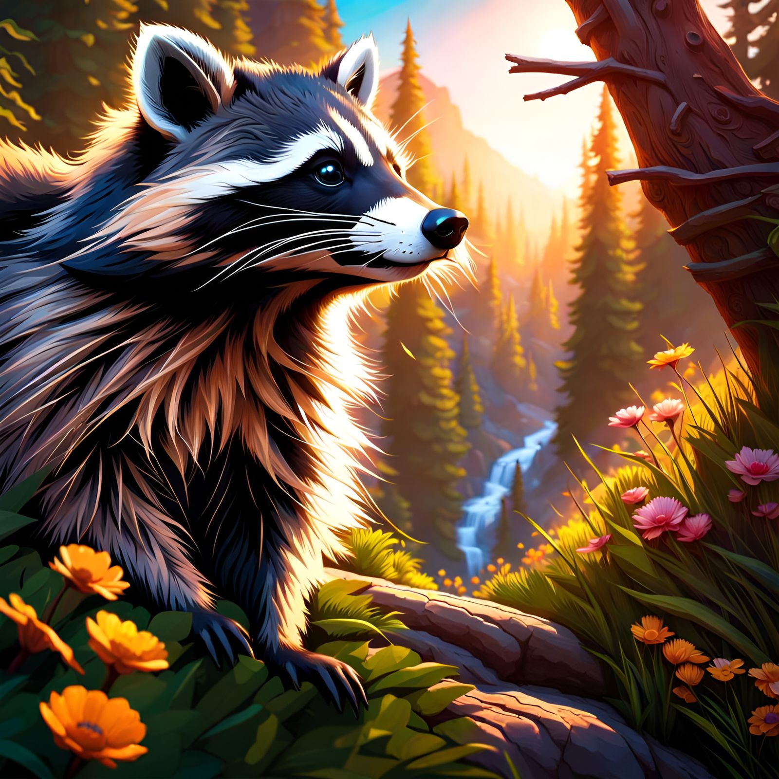 Realistic Raccoon Portrait in Mountain Landscape