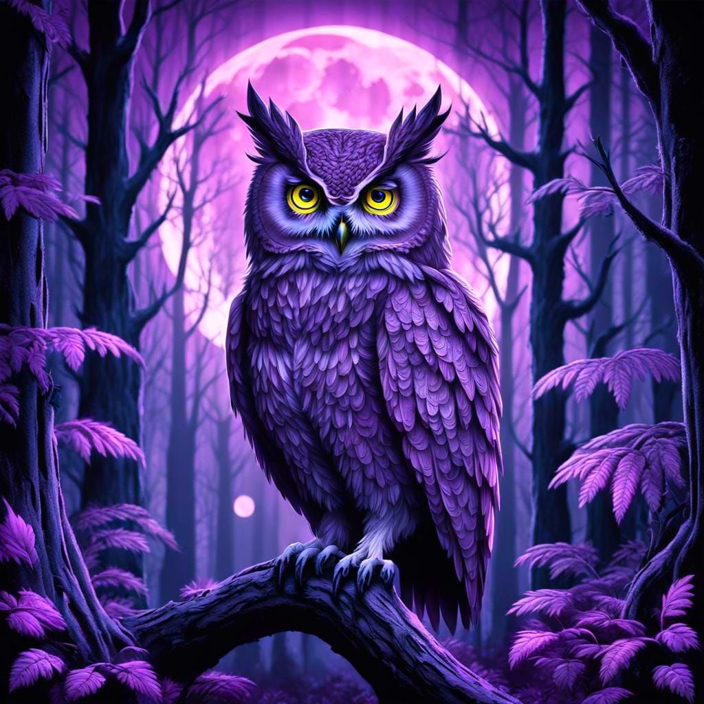 Mystical Owl in Gothic Purple Forest