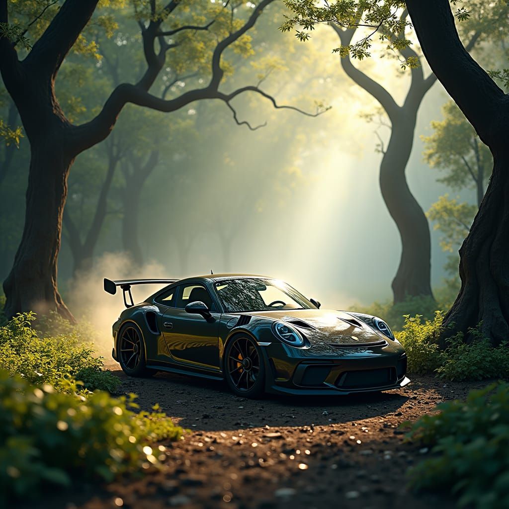 Black Porsche GT3 RS in Mystical Forest