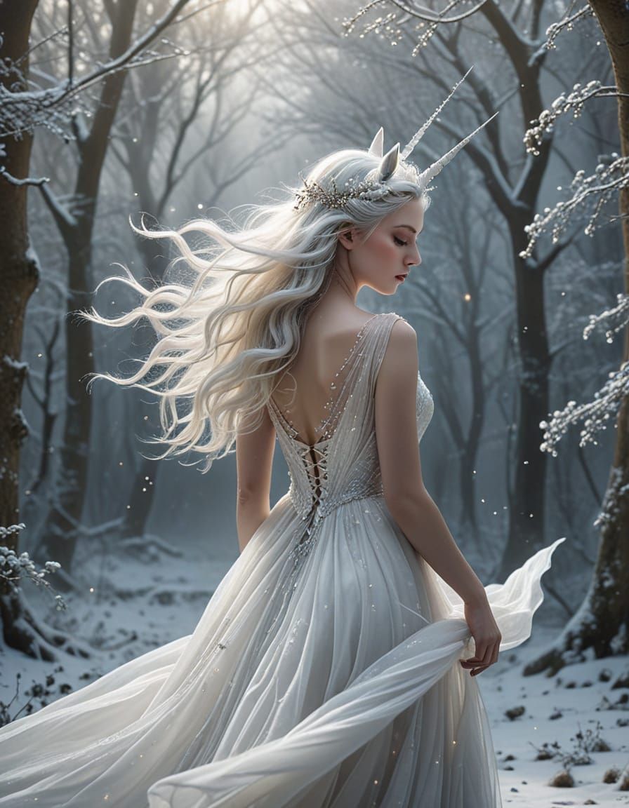 Ice Princess and Unicorn in Snowy Landscape