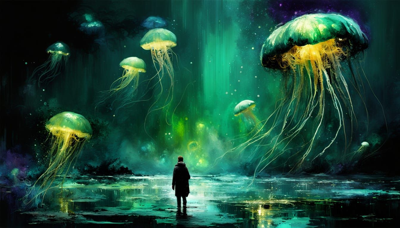 Bioluminescent Jellyfish in Impressionist Underwater Scene