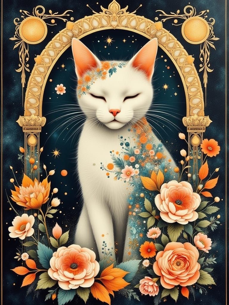 Dreamy Enchanted Cat in Whimsical Art Nouveau Style