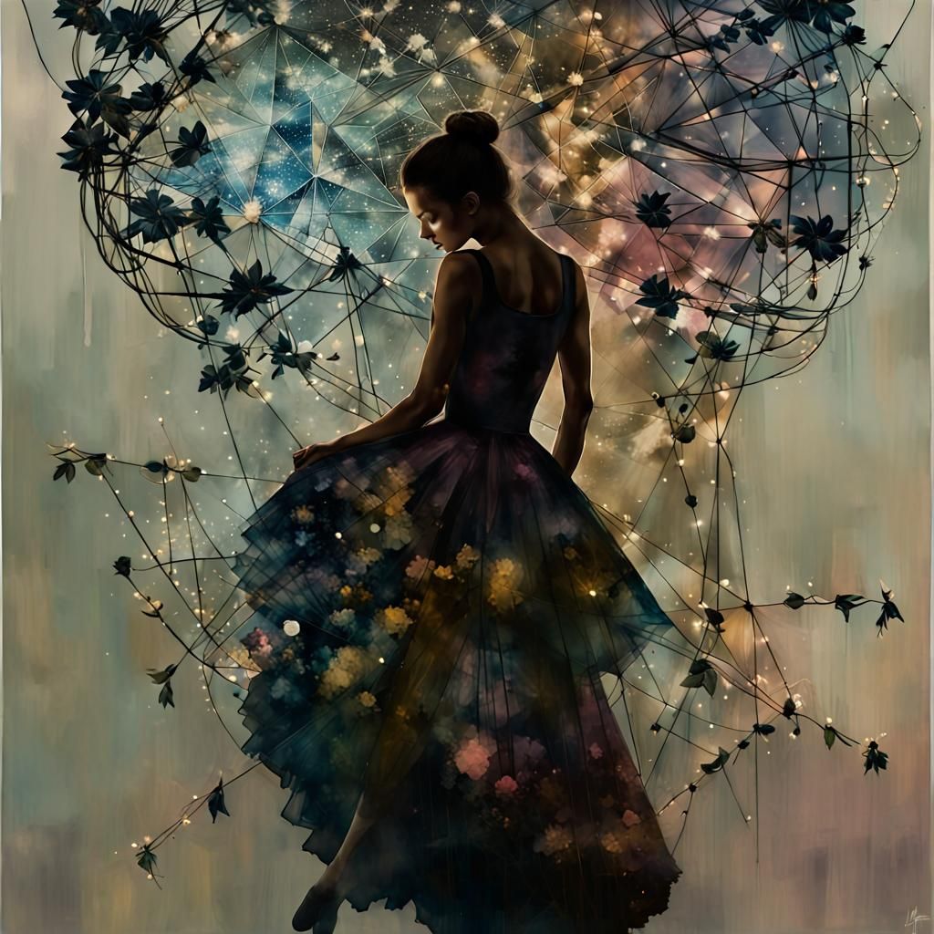 Ballerina in Double Exposure, Watercolor Collage