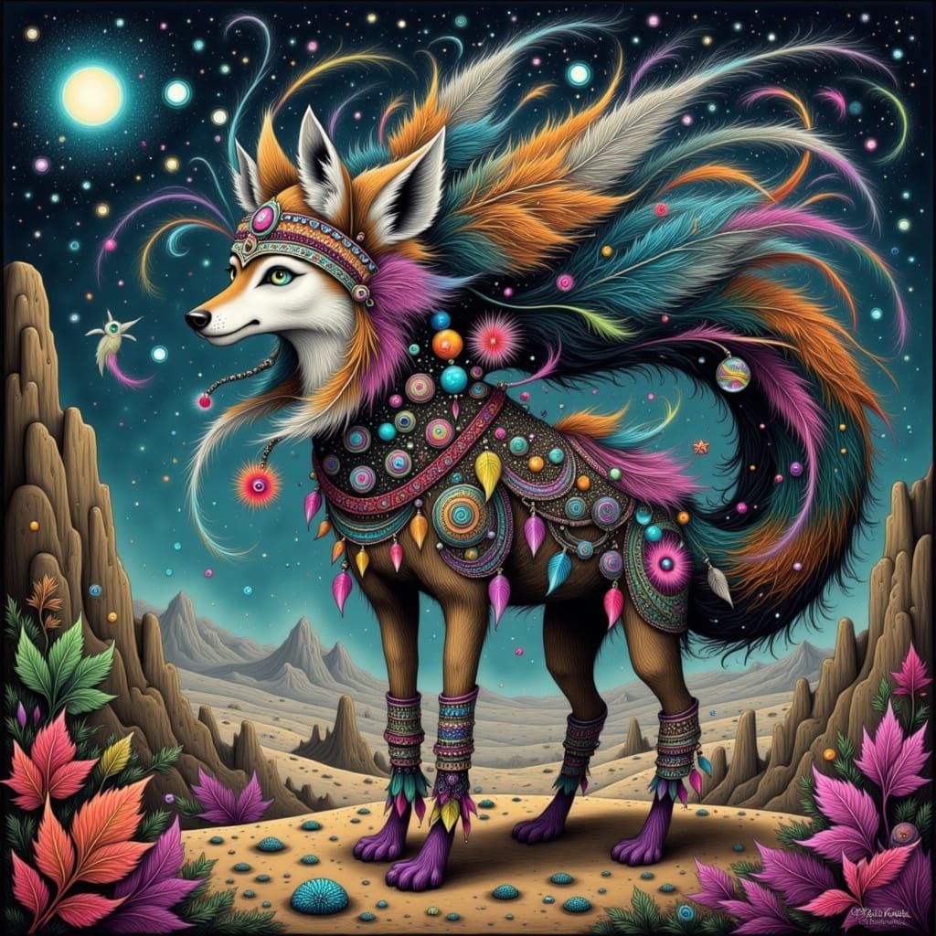 Coyote in Moonlit Desert Landscape