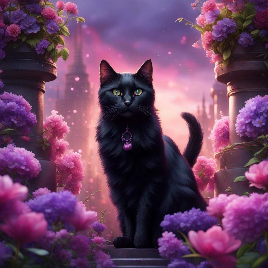Black Cat in a Fantasy Flower Garden