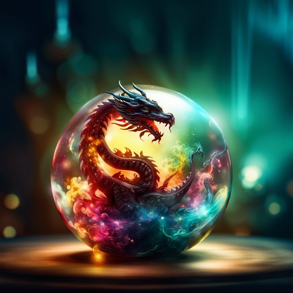 Majestic Dragon in Glass Sphere with Cosmic Energy
