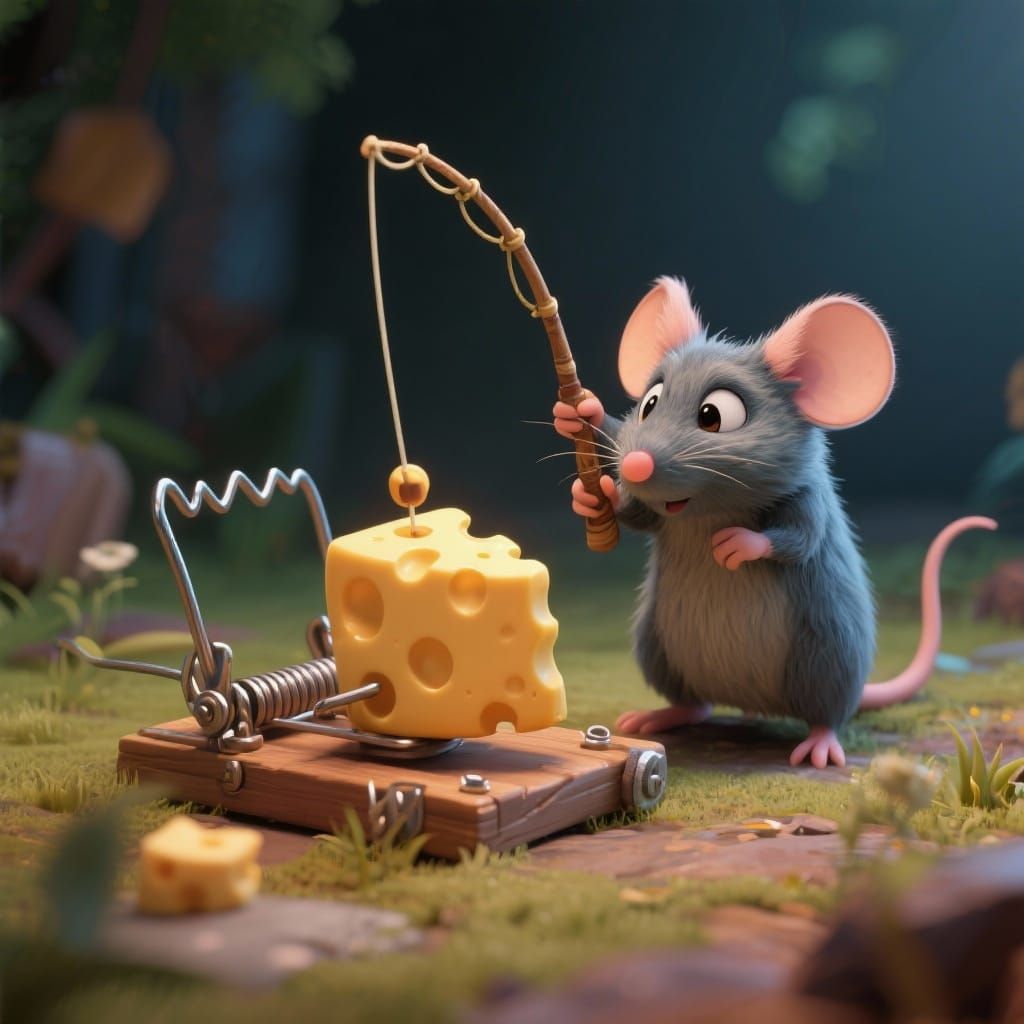 A small mouse, using a fishing rod to extract a piece of cheese from a mousetrap.