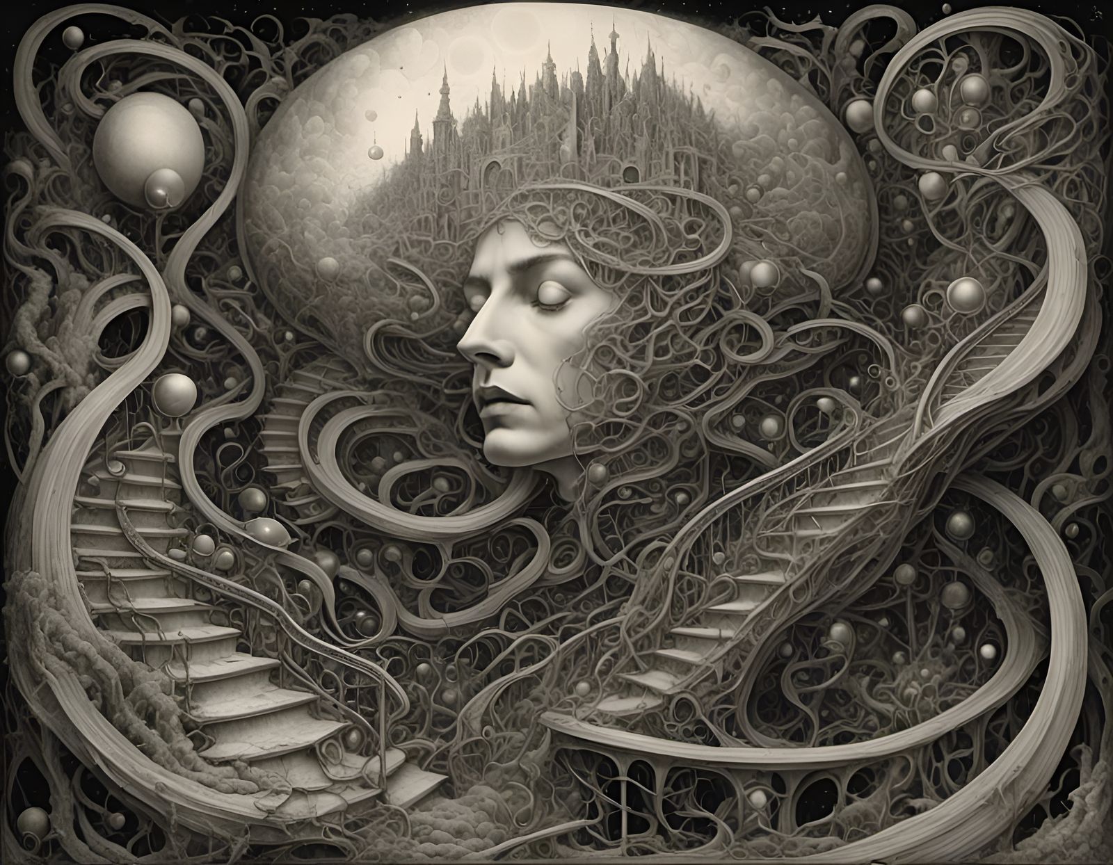 Surreal Pencil Drawing: Head with Winding Stairs