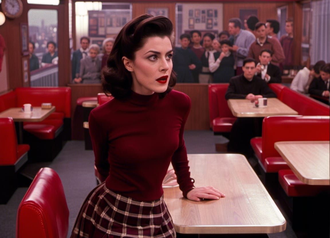 Dreamy Diner Dance in Surrealist TV Drama Style