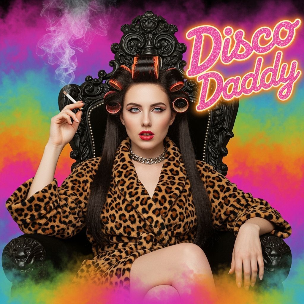 Glamorous Woman on Throne in Psychedelic Disco Style