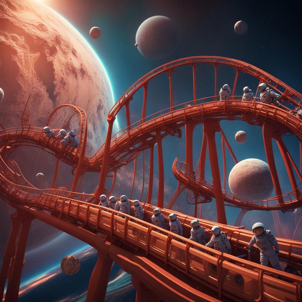Astronauts on a Roller Coaster in Space: Surreal Art