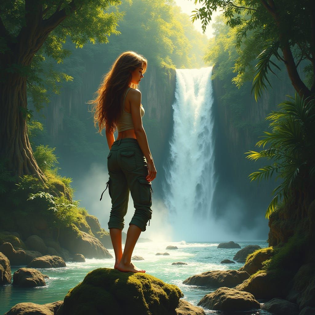 Woman at Tropical Waterfall in Art Nouveau Style