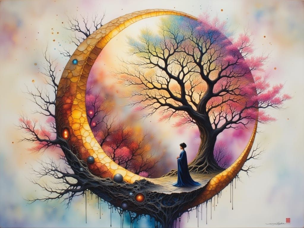 Surreal Moonscape with Luminous Tree and Geisha