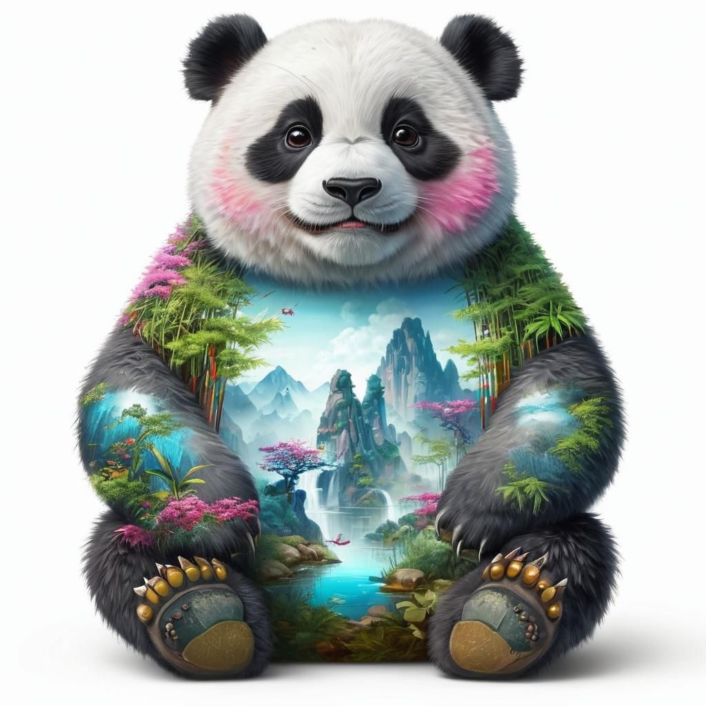 Impressive Double Exposure Oil Painting of a Panda in a Chin...