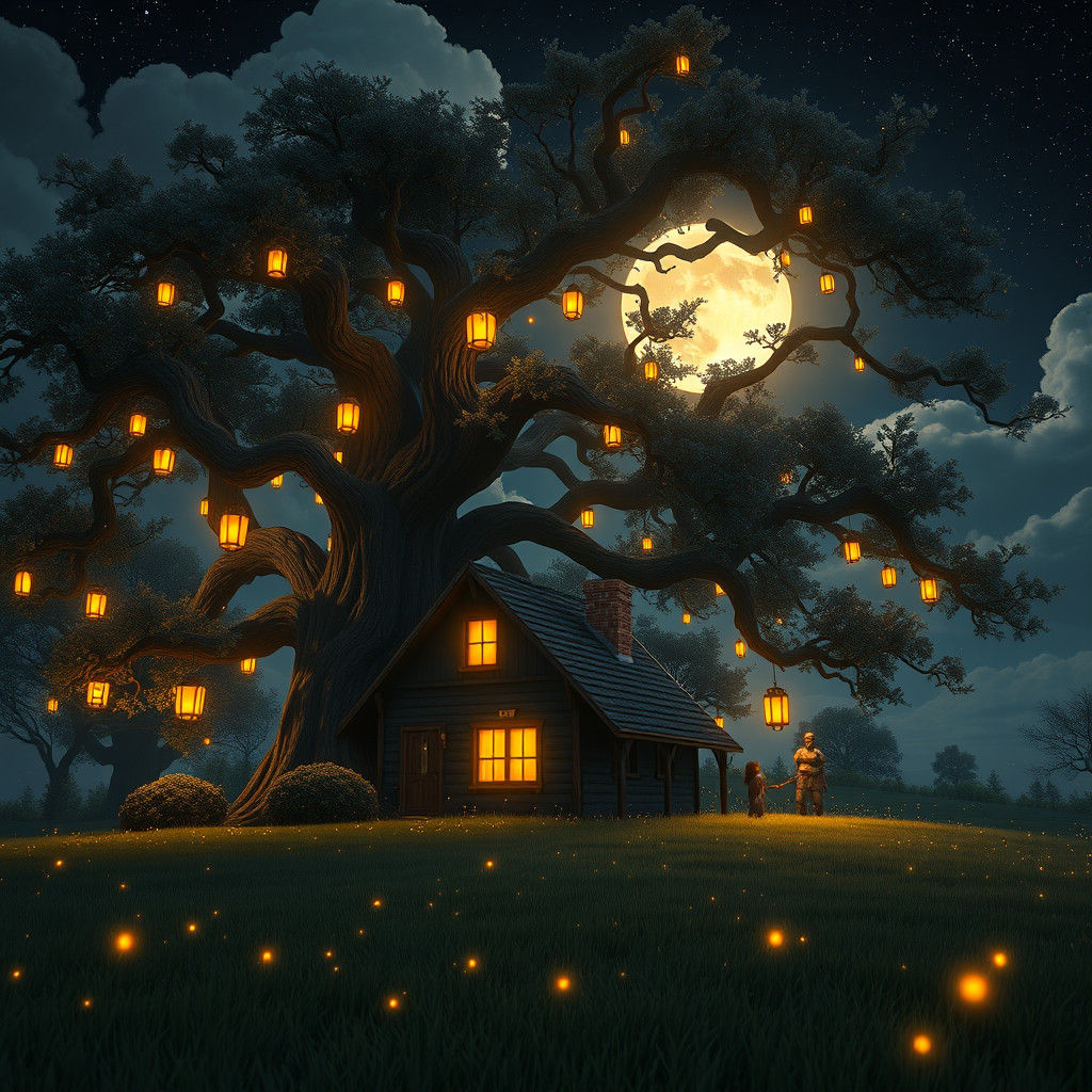 Glowing Lanterns in Fantasy Night Landscape