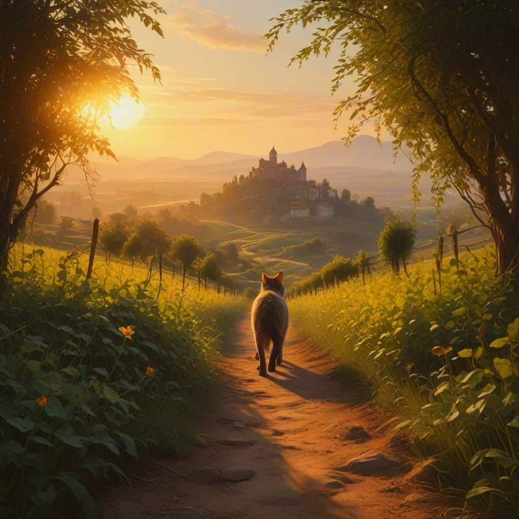 Surreal Whimsical Morning Landscape with Cat and Vineyard