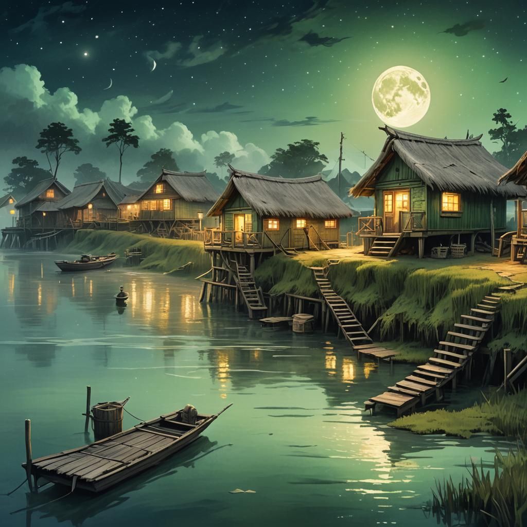 Fantasy Fishermen's Huts Under Moonlight in Ethereal Style