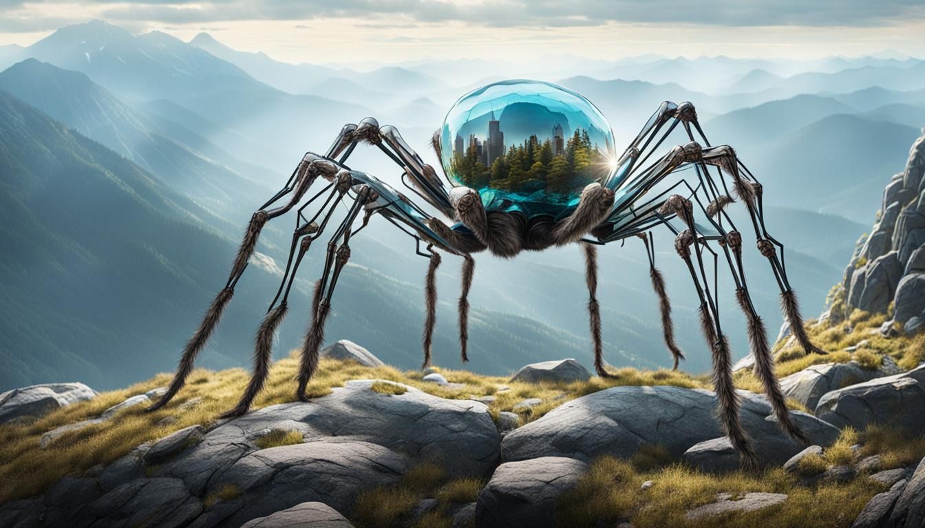 Glass Spider Striding Mountain Peaks, Digital Art