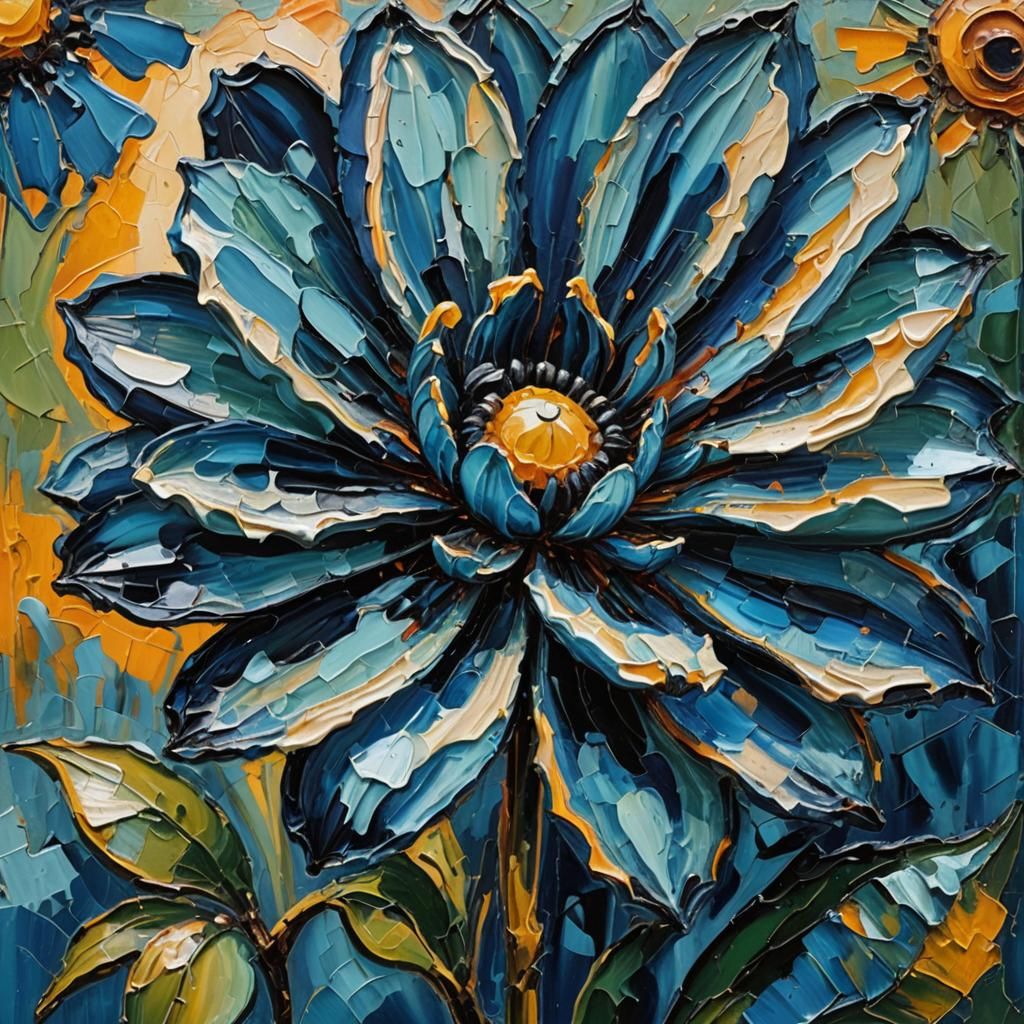 Blue Flower in Expressionist Impasto Oil Painting