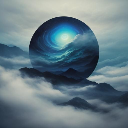 Mystical Figure in Surrealist Portrait with Swirling Clouds