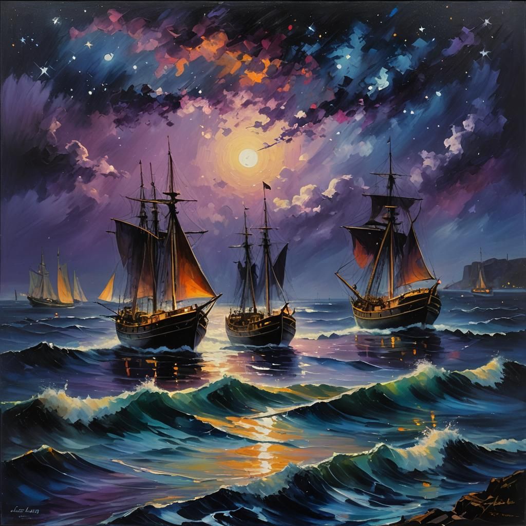 Starry Midnight Seascape in Impressionist Oil Painting Style