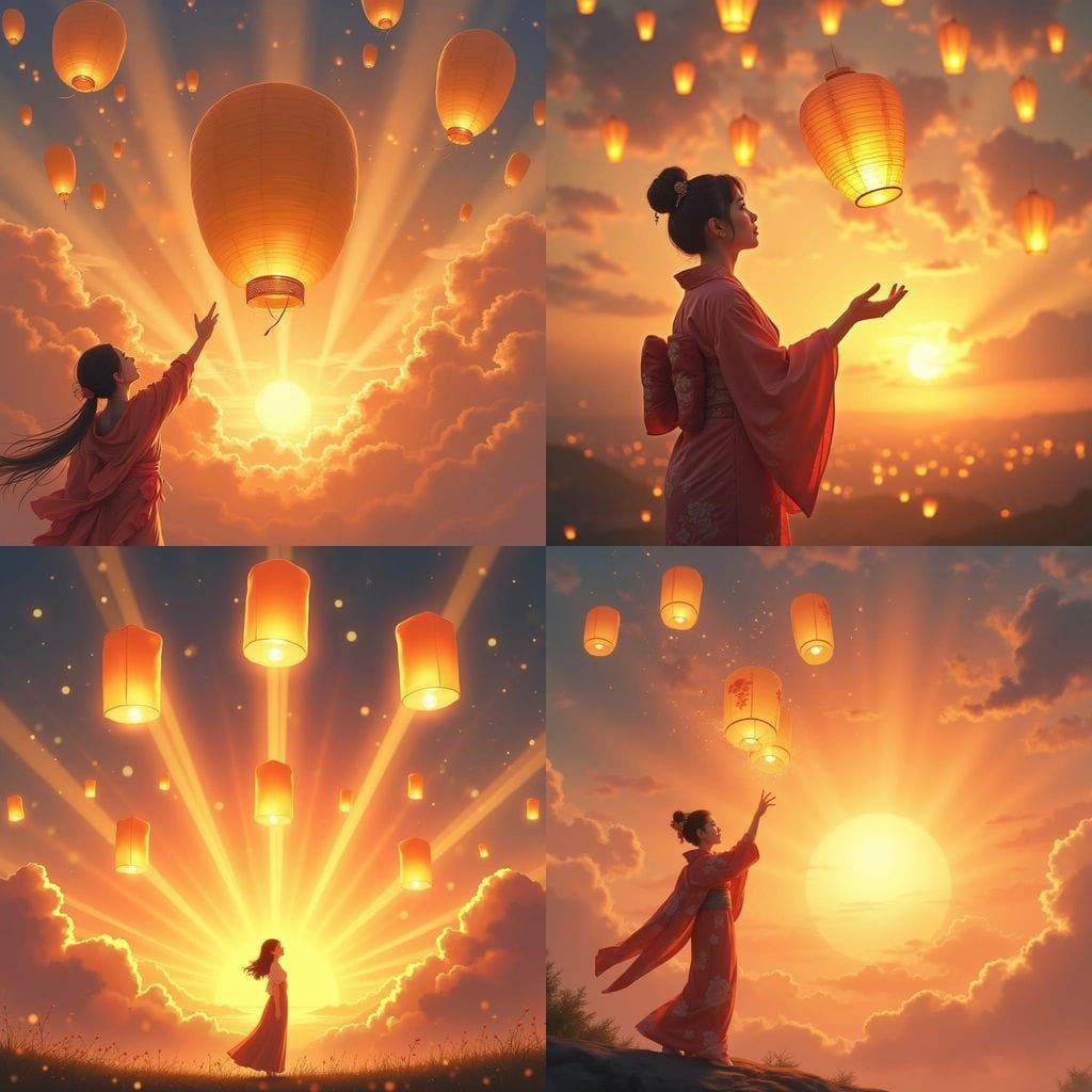 Japanese Woman Releases Golden Lanterns at Sunset