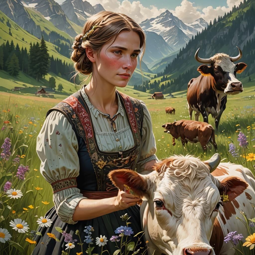 German Woman Milking Cow in Mountain Meadow