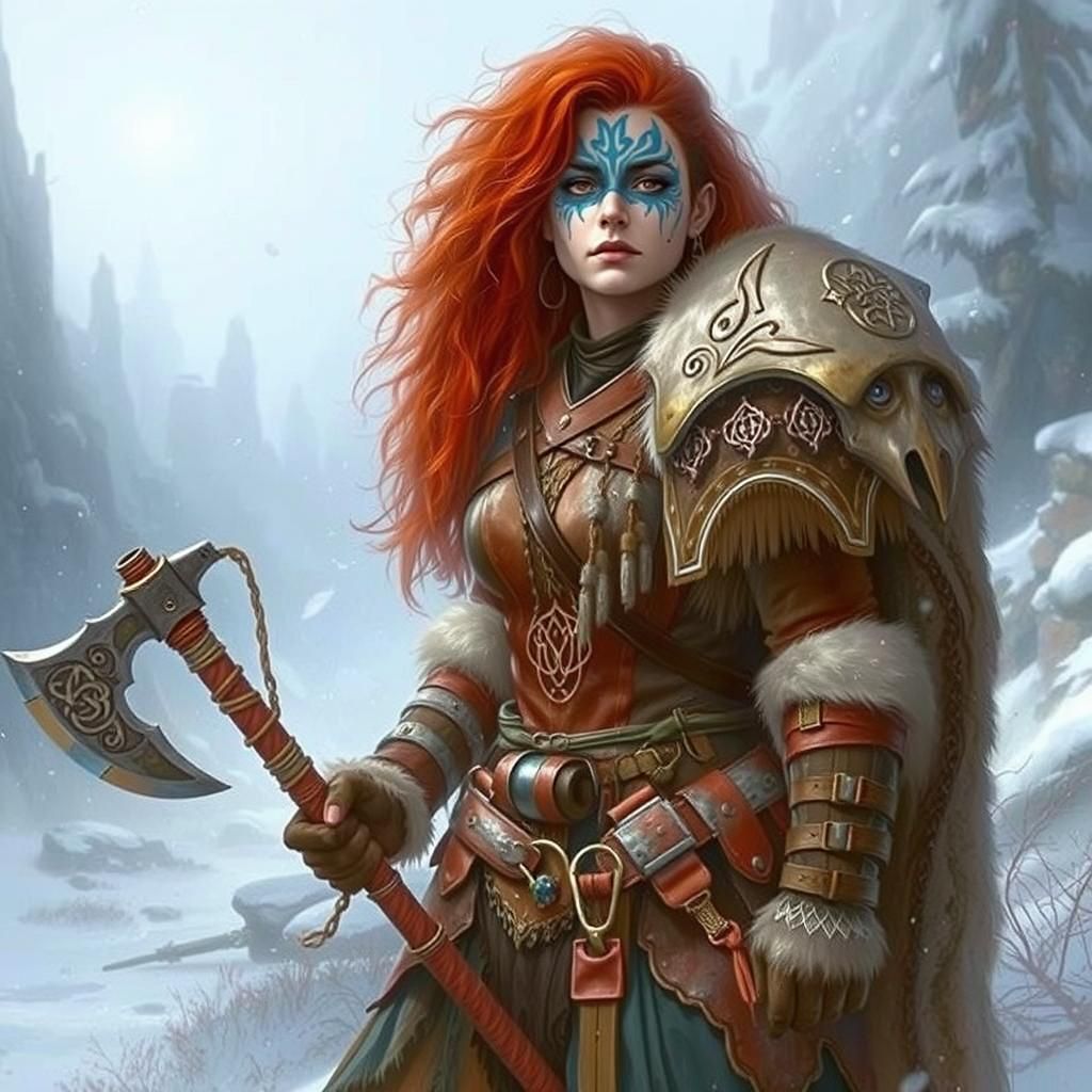 Hyper-realistic Red haired Viking woman an intricate blue fa...
