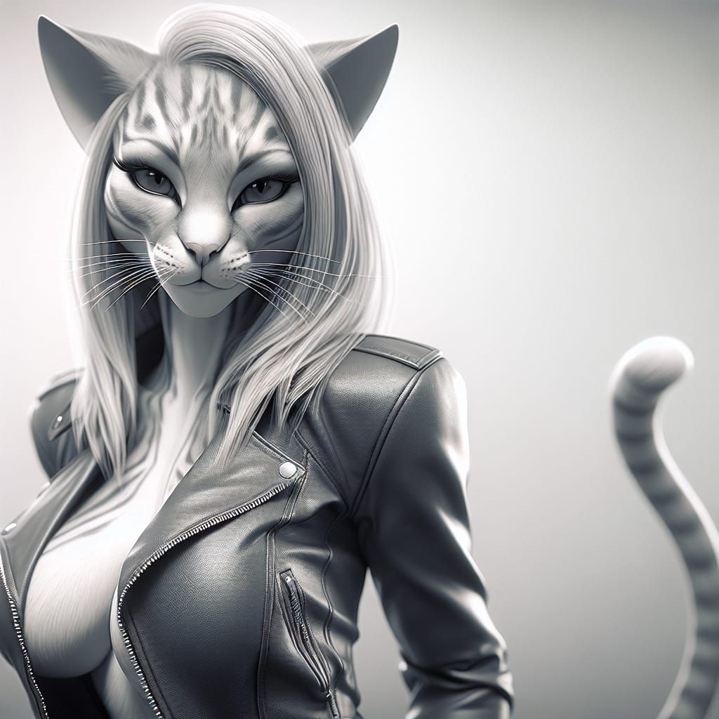 Confident Cat-Woman Posing in Leather Jacket