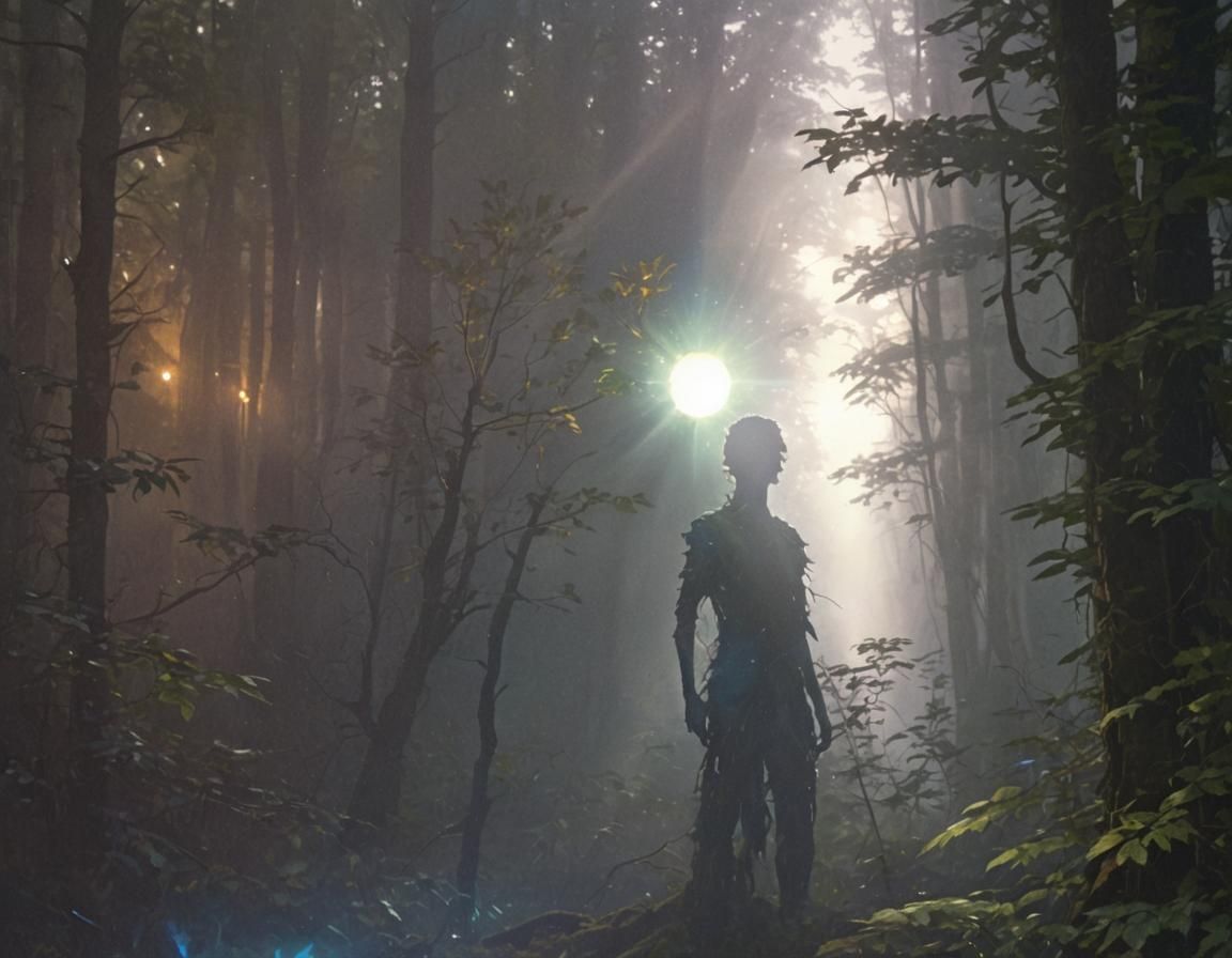 Glowing Figure in Dark Forest Oil Painting