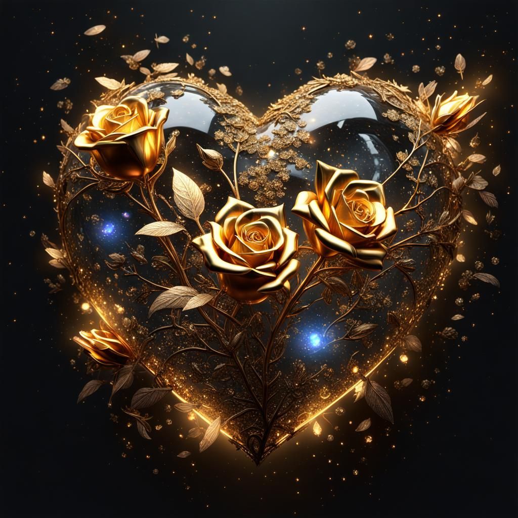 Crystalline Heart with Gold Roses in CGI Diorama