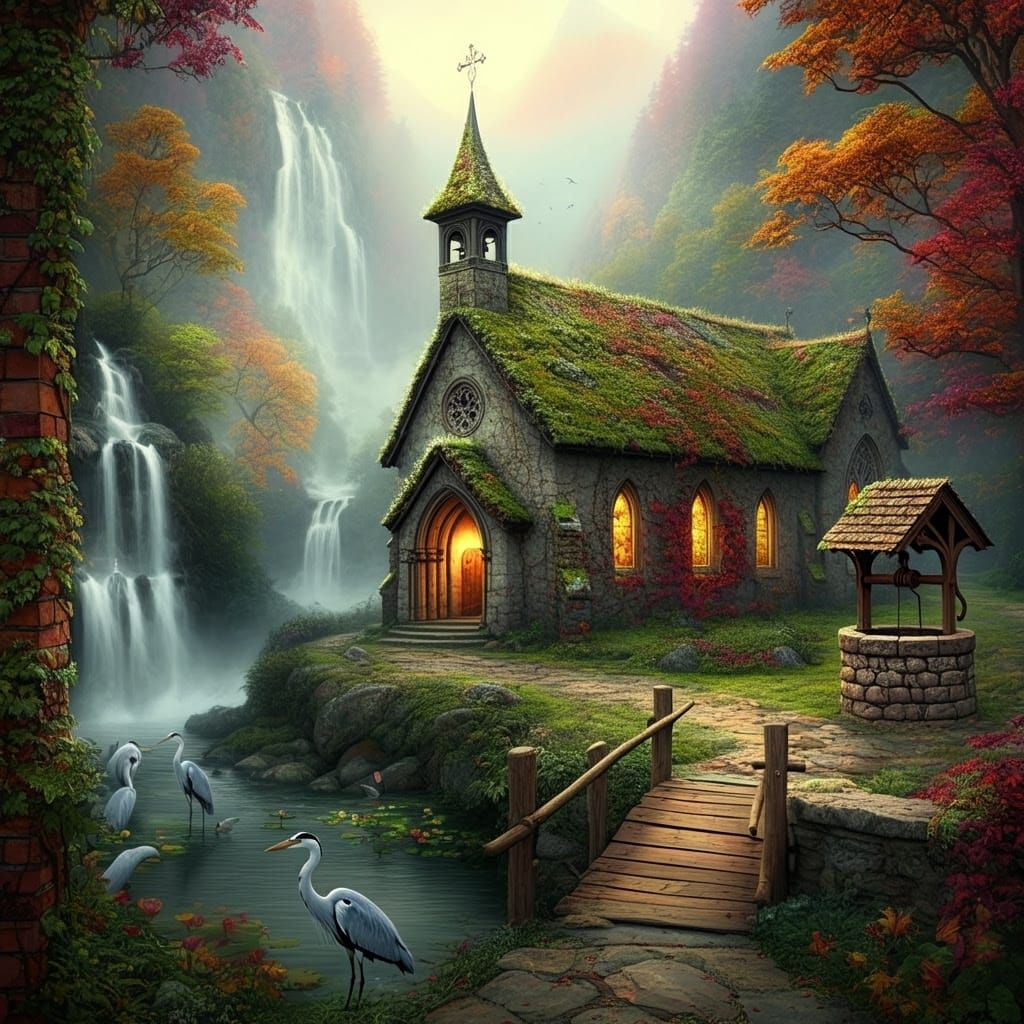 Ethereal Medieval Church in Foggy Autumn Mountains