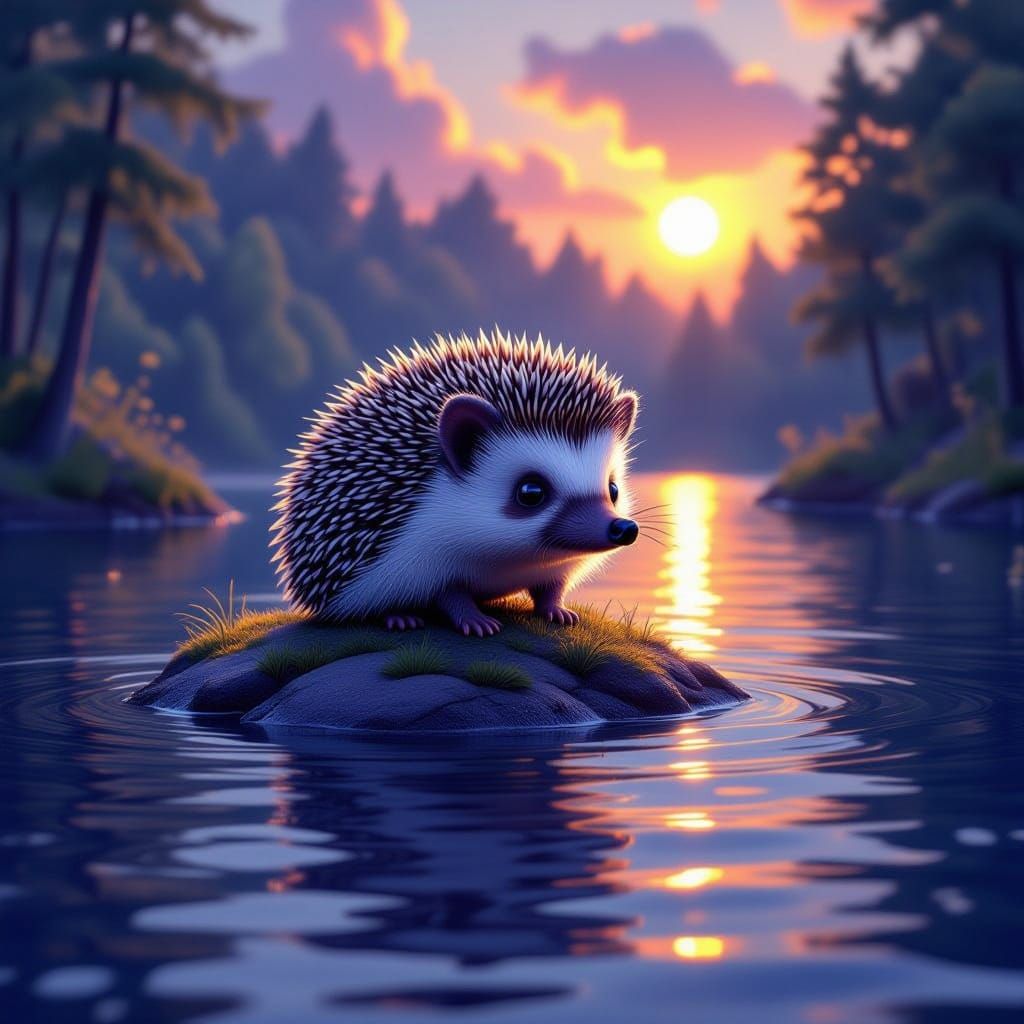Cute Hedgehog on Island in Shimmering Lake