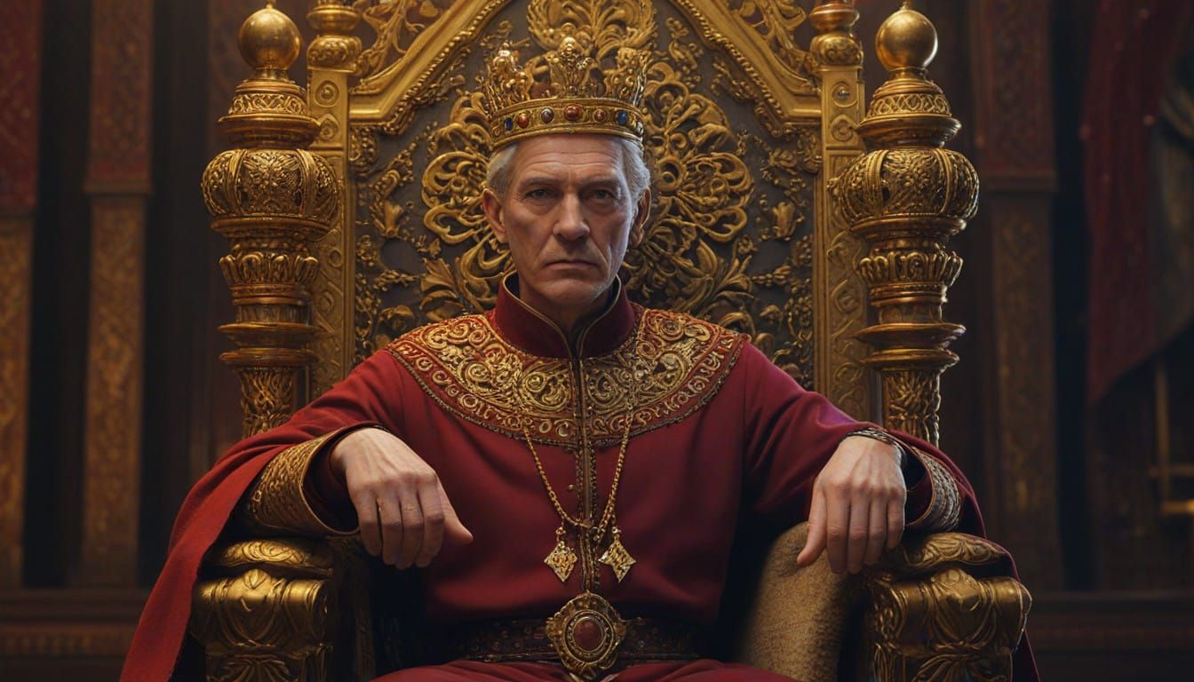 Regal Monarch in Dimly Lit Throne Room