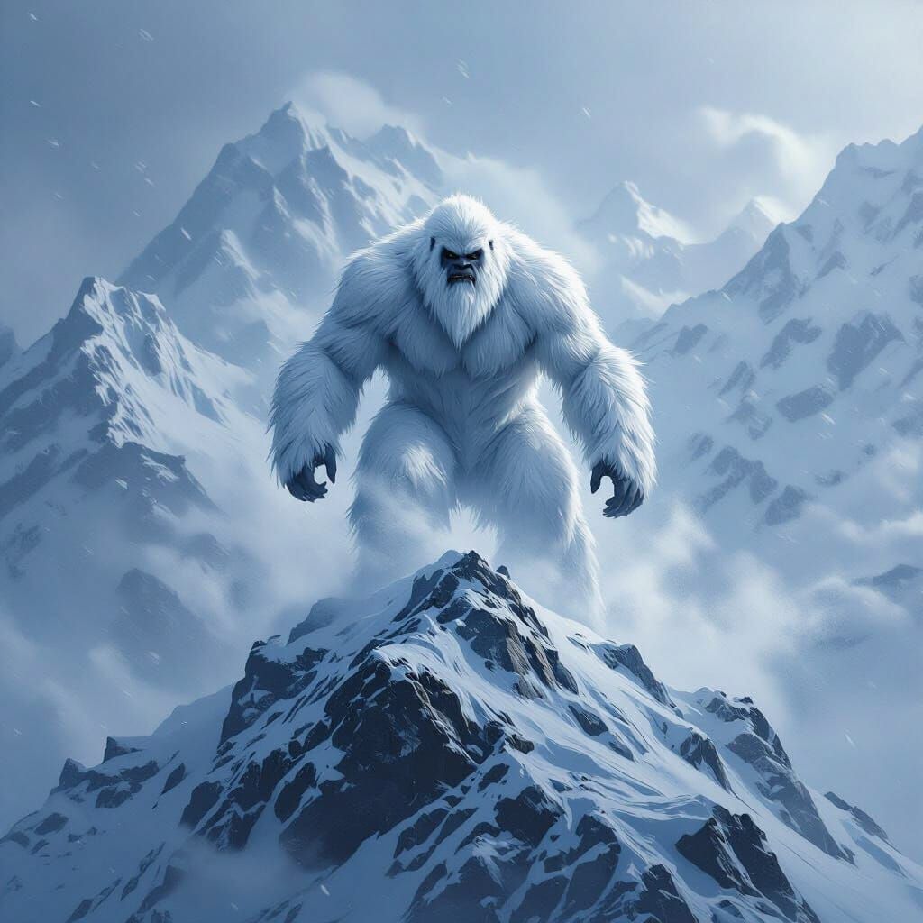 Fearsome Yeti in Raging Blizzard on Mountain Peak