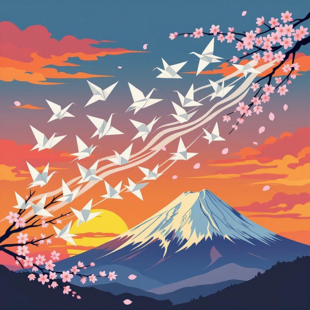 Dissolving Paper Cranes Over Mount Fuji: Woodblock Print