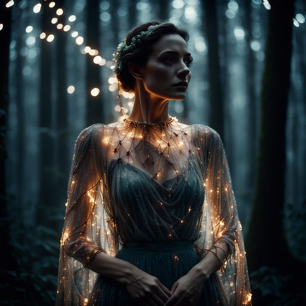 Ethereal Lady in Misty Forest with Fairy Lights