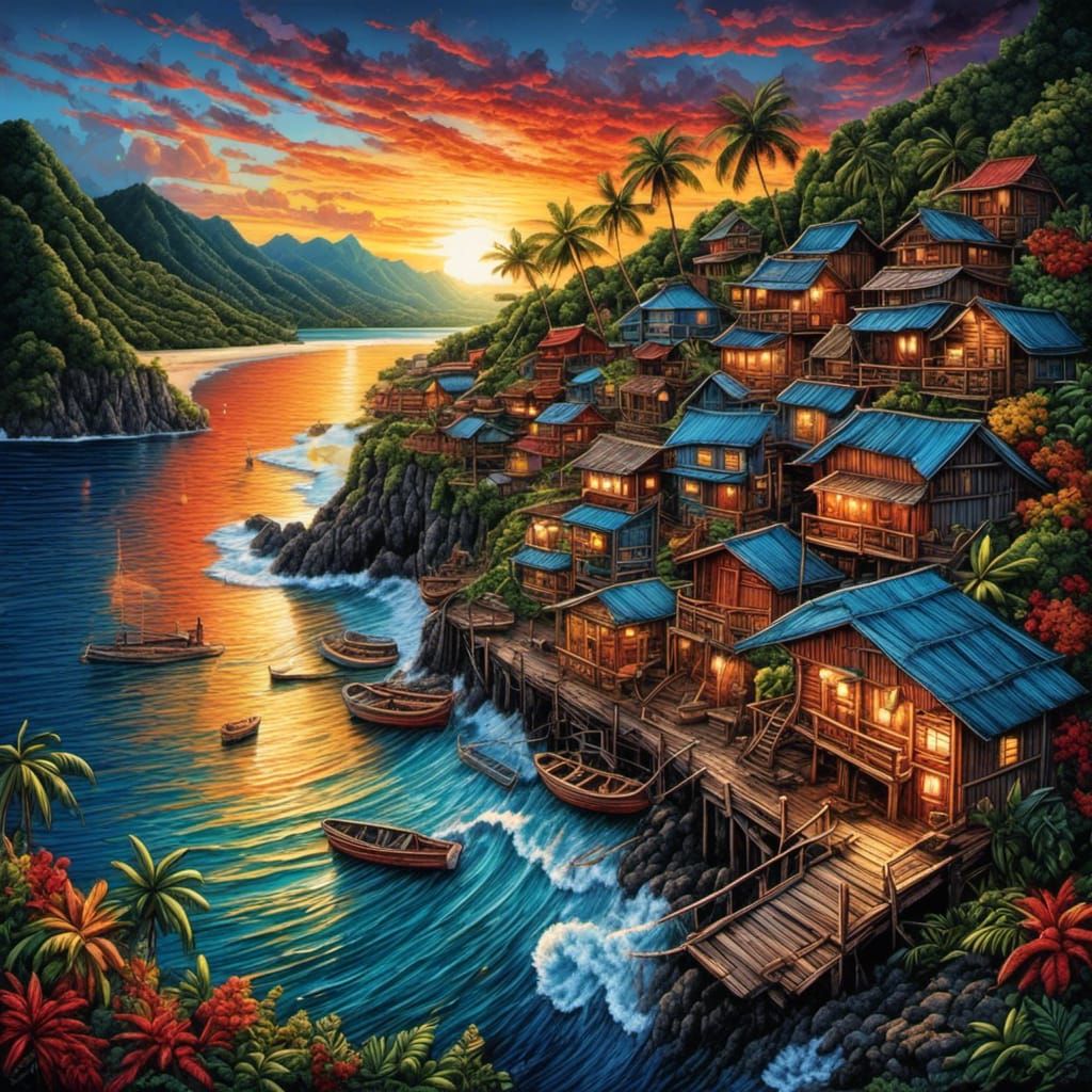 South Pacific Sunset with Quilling and Scratchboard Textures