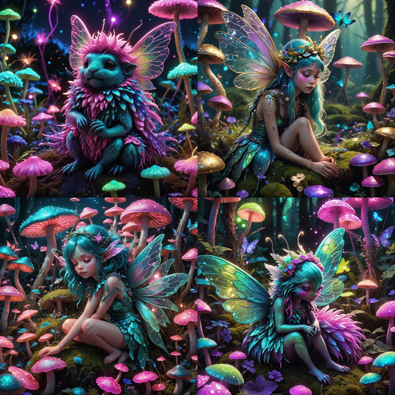 Neon Fairy Creature on Mushroom, 3D Render