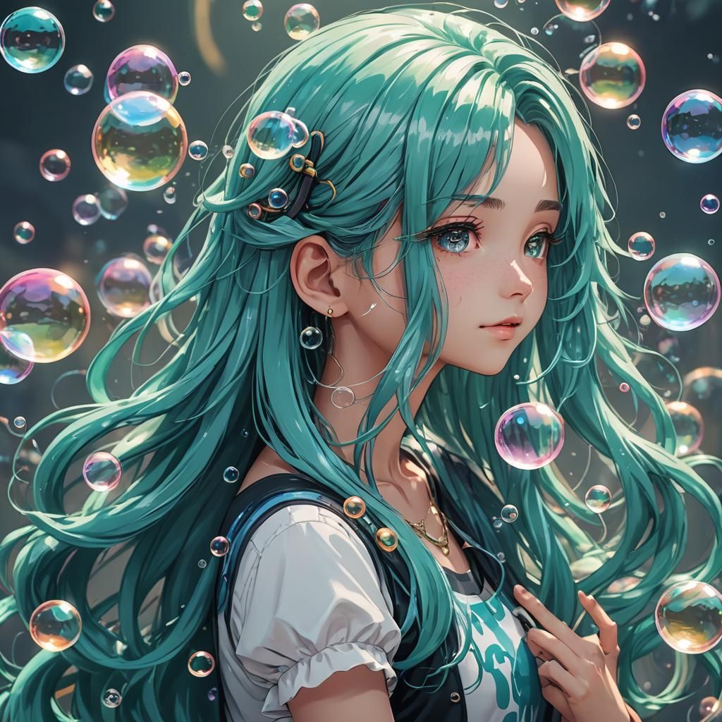 Aqua Haired Girl with Bubbles in Anime Style